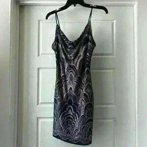 Navy and Rose Gold fitted dress with cowl neckline in women’s size small